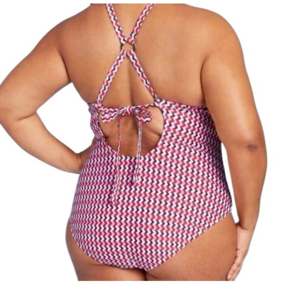 Kona Sol One-Piece Swimsuit Women’s Size 17 Red White Blue Zigzag Strappy‎ Back - Picture 2 of 5